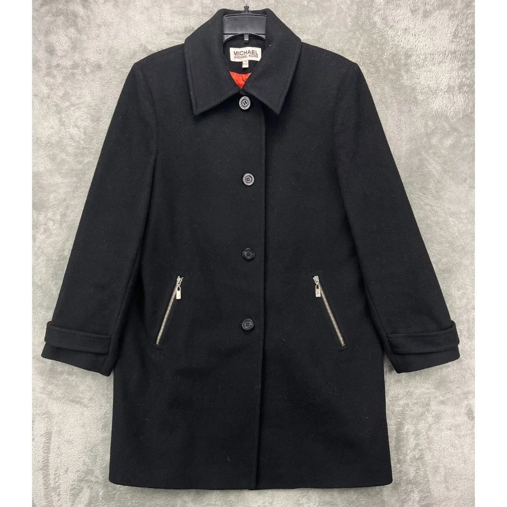 Michael by Michael Kors Women's Trench Coat 14 Black 100% Wool‎ Lined Pockets